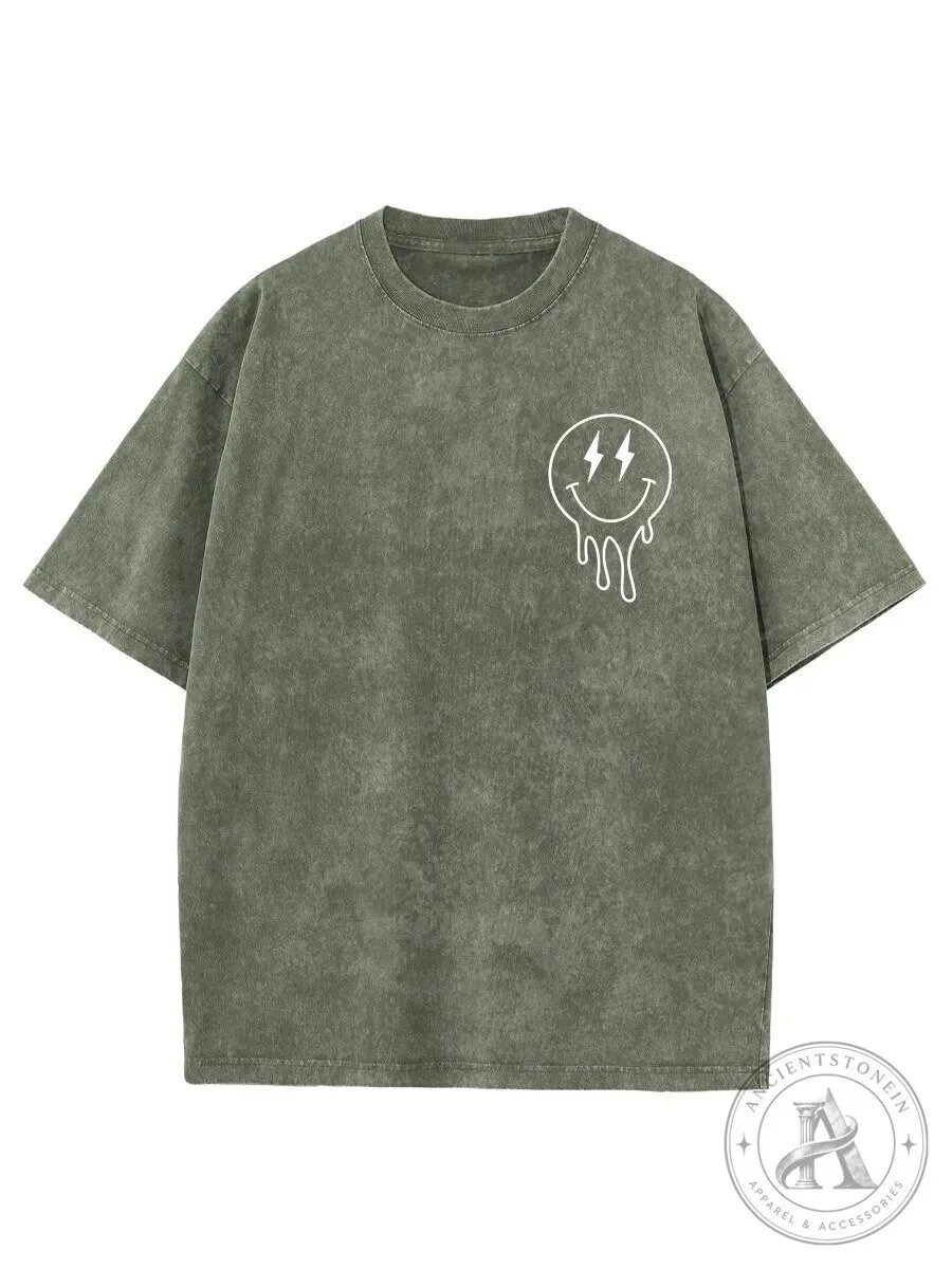 Distressed Smiley Face Graphic Print Washed Short Sleeve T-Shirt