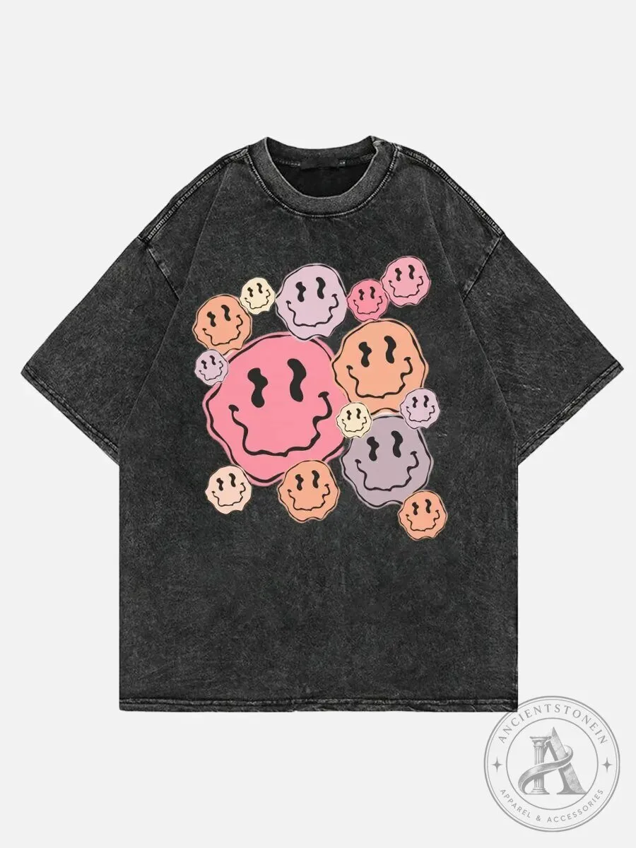 Colorful Melting Smiley Face Graphic Washed Black T-Shirt