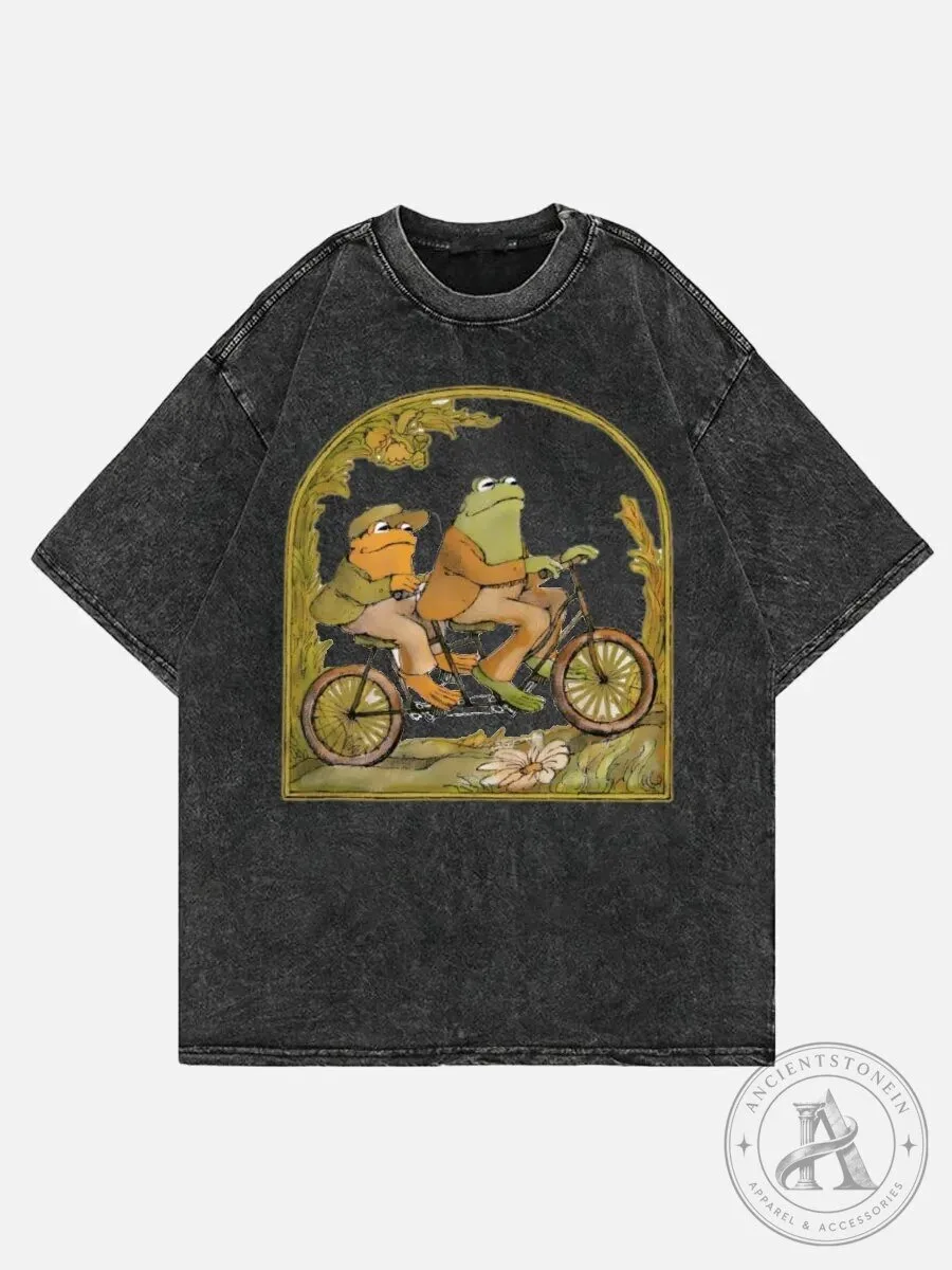Vintage Frog And Toad Riding Bicycle Washed Black T-Shirt