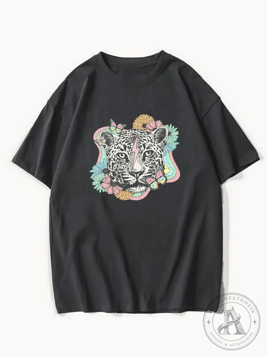 Snow Leopard Head Floral Butterfly Design Black Unisex T-Shirt