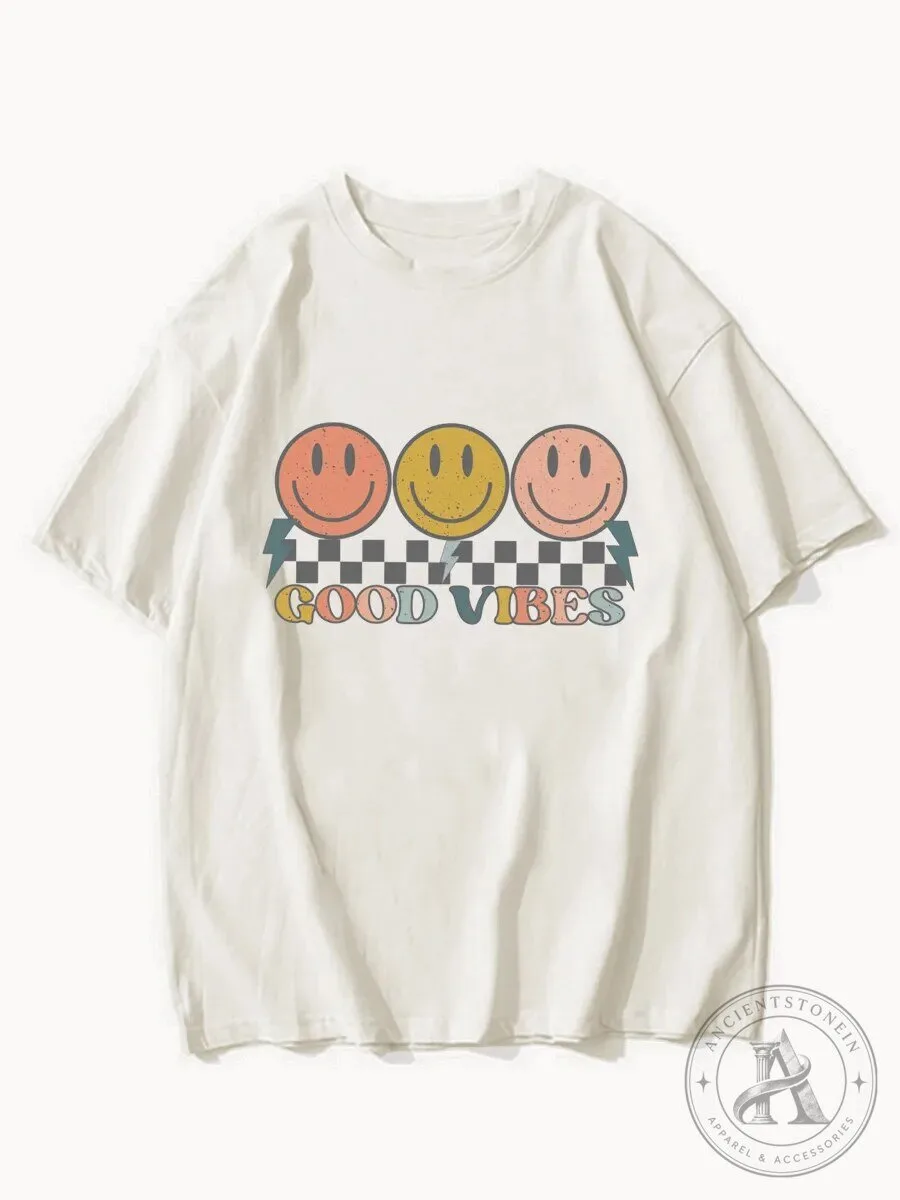 Good Vibes Retro Checkered Smiley Face T-Shirt
