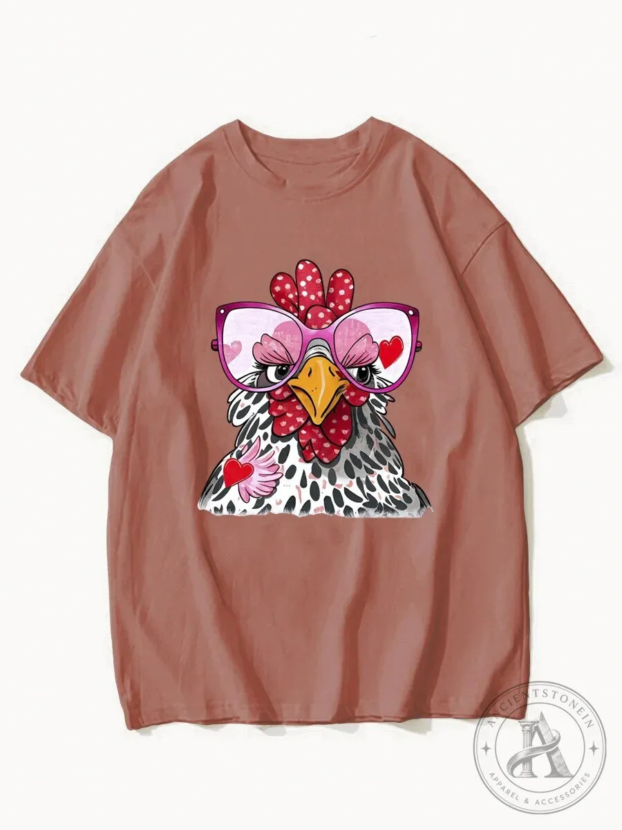 Cute Chicken Wearing Pink Sunglasses with Hearts Graphic Print T-Shirt
