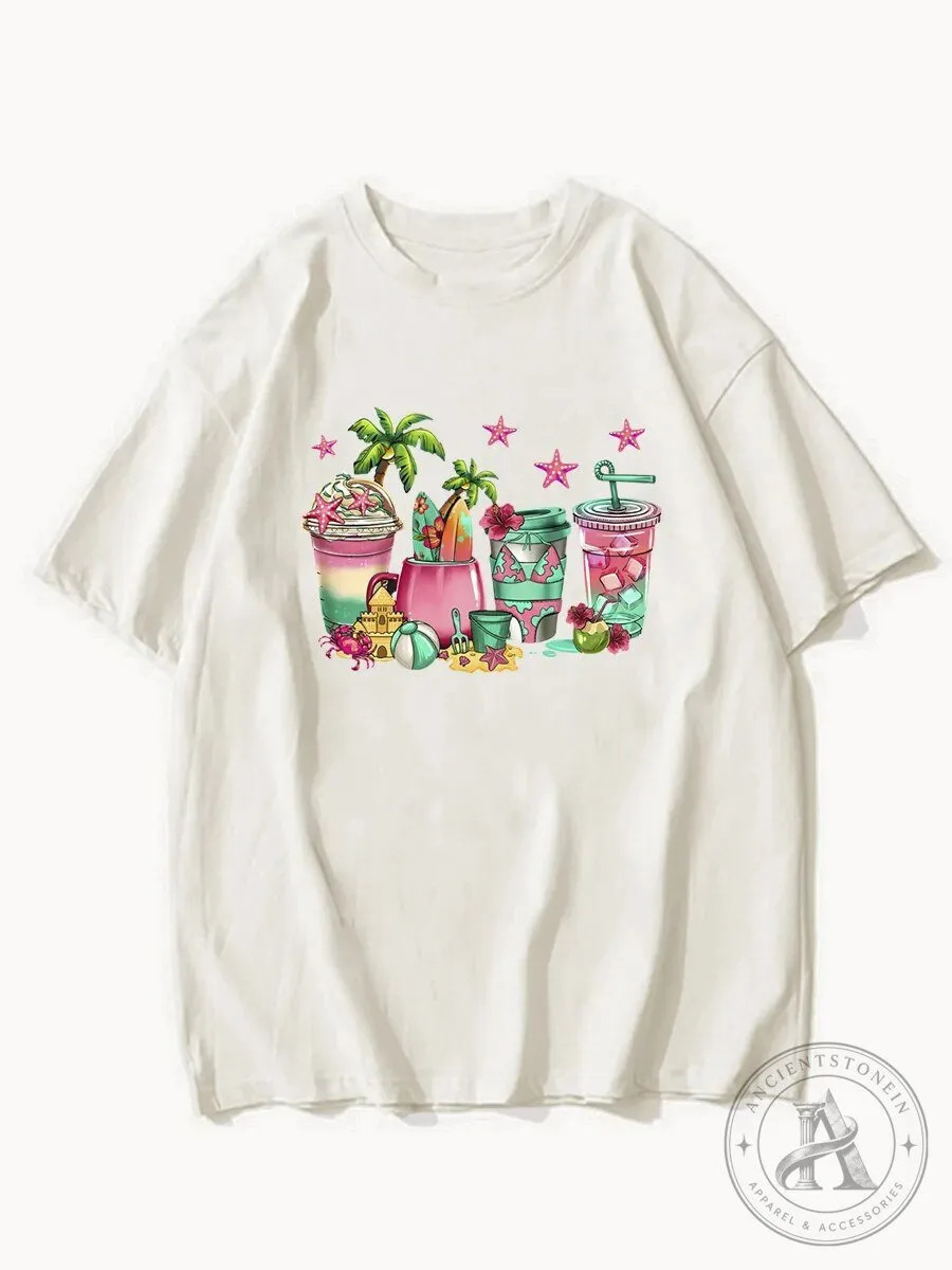 Summer Beach Vacation Tropical Drinks Graphic Print T-Shirt