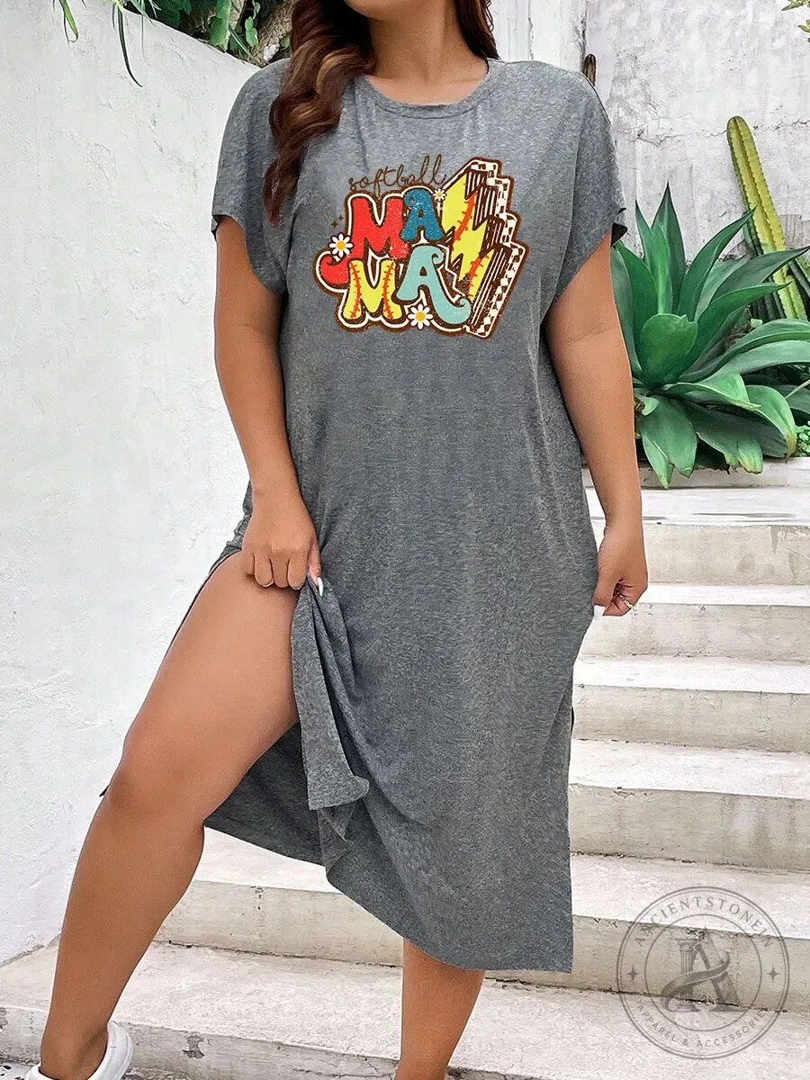 Softball Mama Graphic Print Short Sleeve Crew Neck T-Shirt Dress