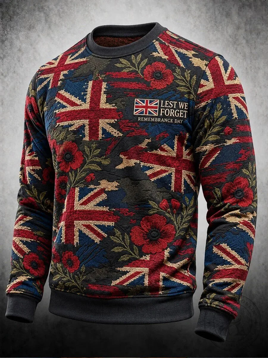 Lest We Forget Remembrance Day Union Jack Poppy Flower Crewneck Sweatshirt