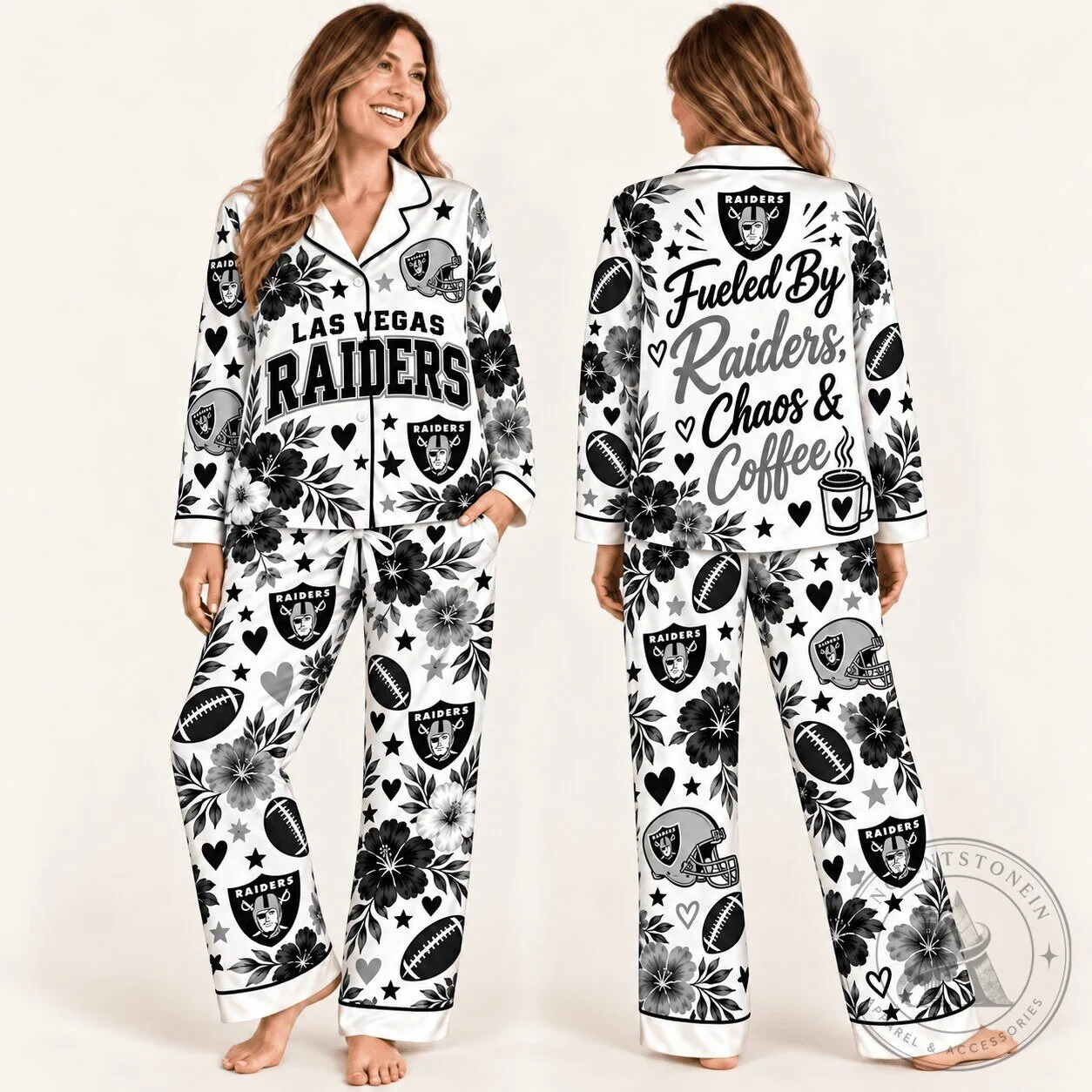 Las Vegas Raiders Women's Floral Chaos and Coffee Long Sleeve Pajamas Set