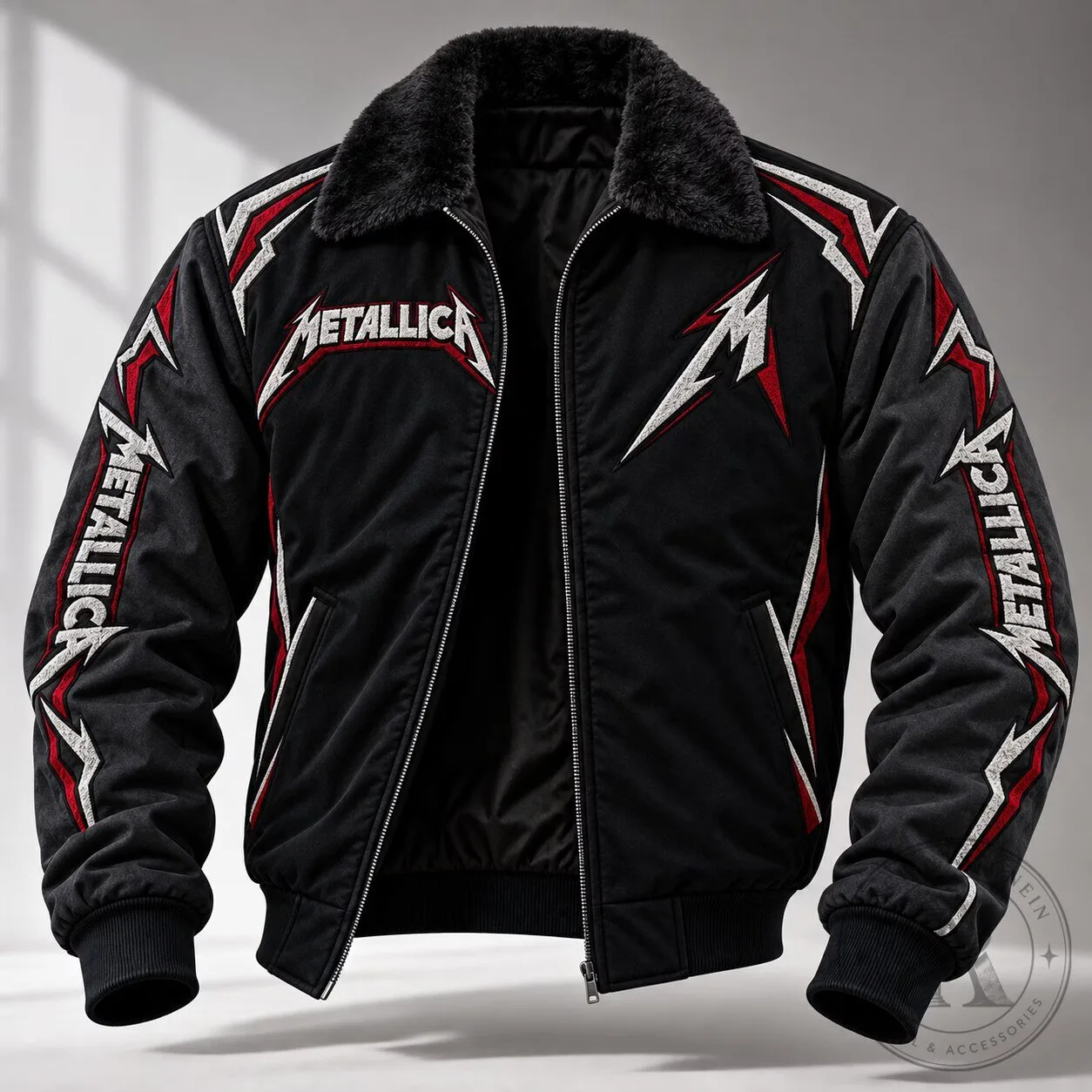 Metallica Black Bomber Jacket With Faux Fur Collar And Graphic Print