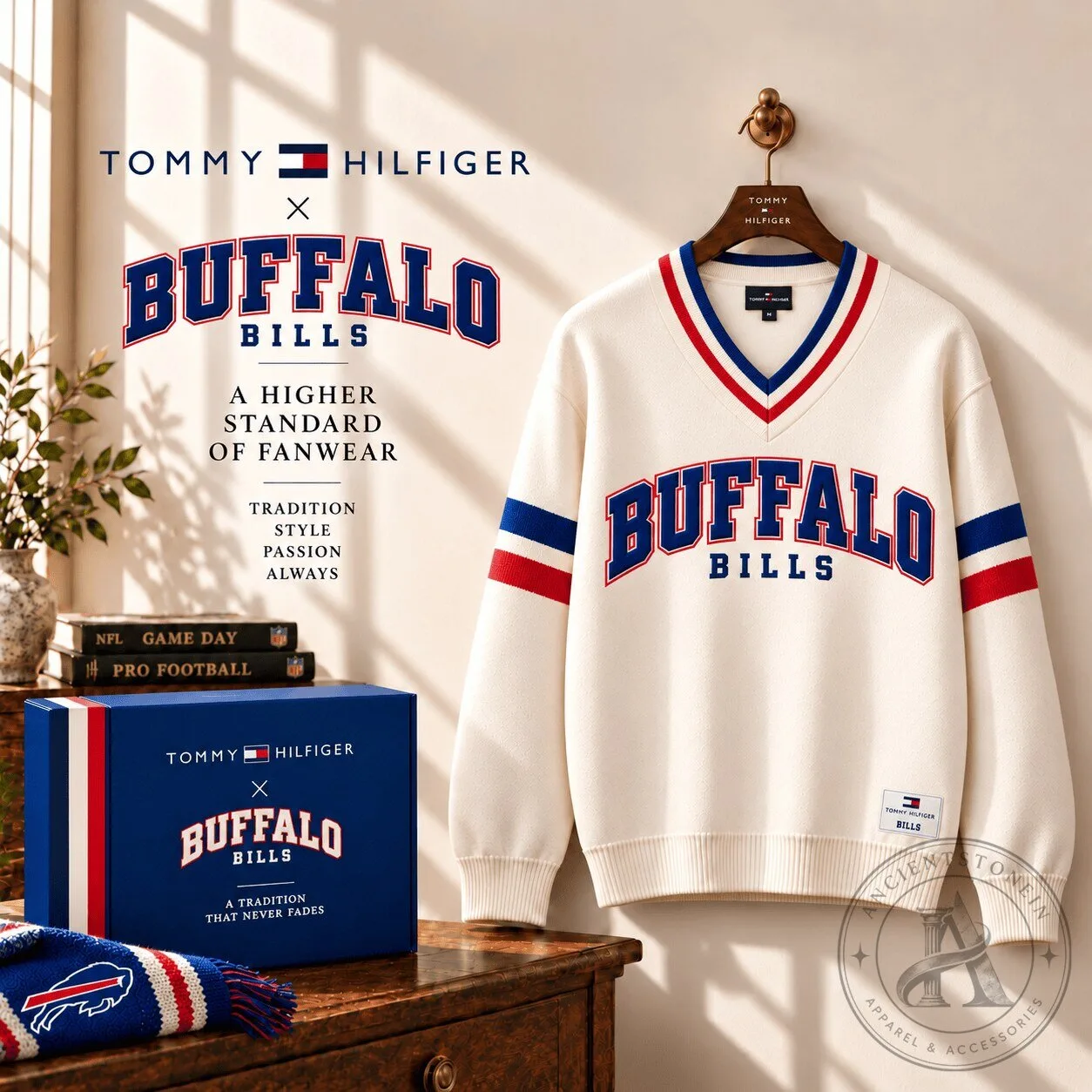 Tommy Hilfiger Buffalo Bills NFL Football Team Varsity V-Neck Sweater